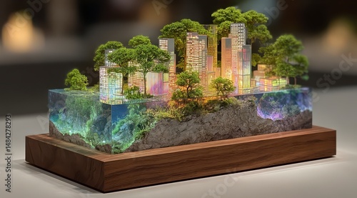 Illuminated Cityscape Miniature  Eco Friendly Urban Diorama with Trees  Skyscrapers  and W