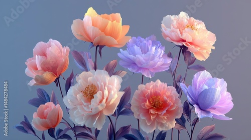 Obraz na płótnie Pastel Peonies Spring Floral Arrangement Soft Blue Background Flat Lay w salonie