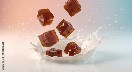 Coffee Jelly Cubes Splashing Milk Delightful Treat Refreshing Beverage