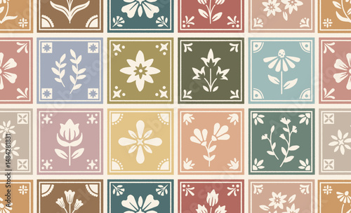 Floral tiles seamless vector pattern. Elegant folk style hand drawn spring tiles illustration. Cottage core, garden, earth tone for invitations, baby showers, weddings, birthdays, tea parties. 
