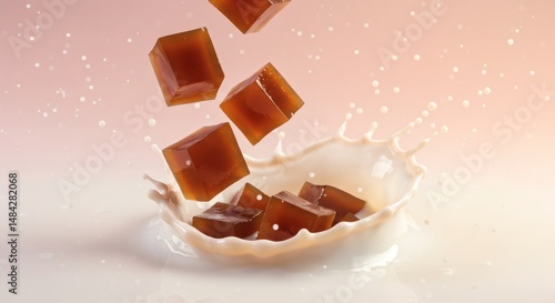 Coffee Jelly Cubes Splashing Milk Delightful Treat Refreshing Beverage