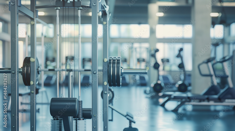Fototapeta premium A solitary weightlifting machine in a quiet gym, symbolizing focus and dedication to personal strength.
