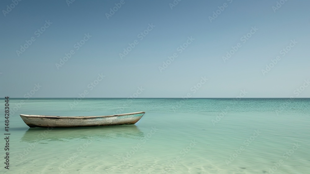 Naklejka premium Tranquil, weathered boat floats on a serene, shallow sea