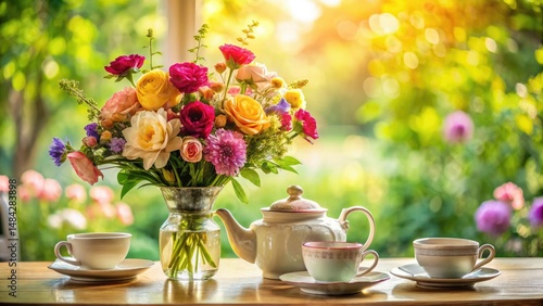 Wallpaper Mural Long Exposure Photography: Elegant Afternoon Tea Party, Floral Table Setting, Tea Set, Warm Atmosphere Torontodigital.ca