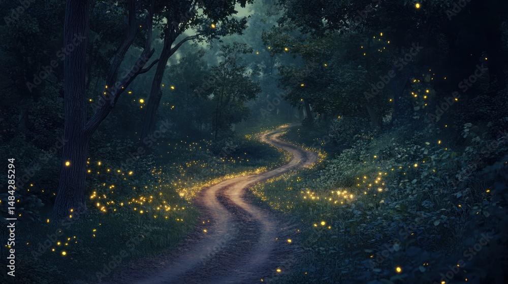 Fototapeta premium Enchanted path through moonlit forest with glowing fireflies around the way