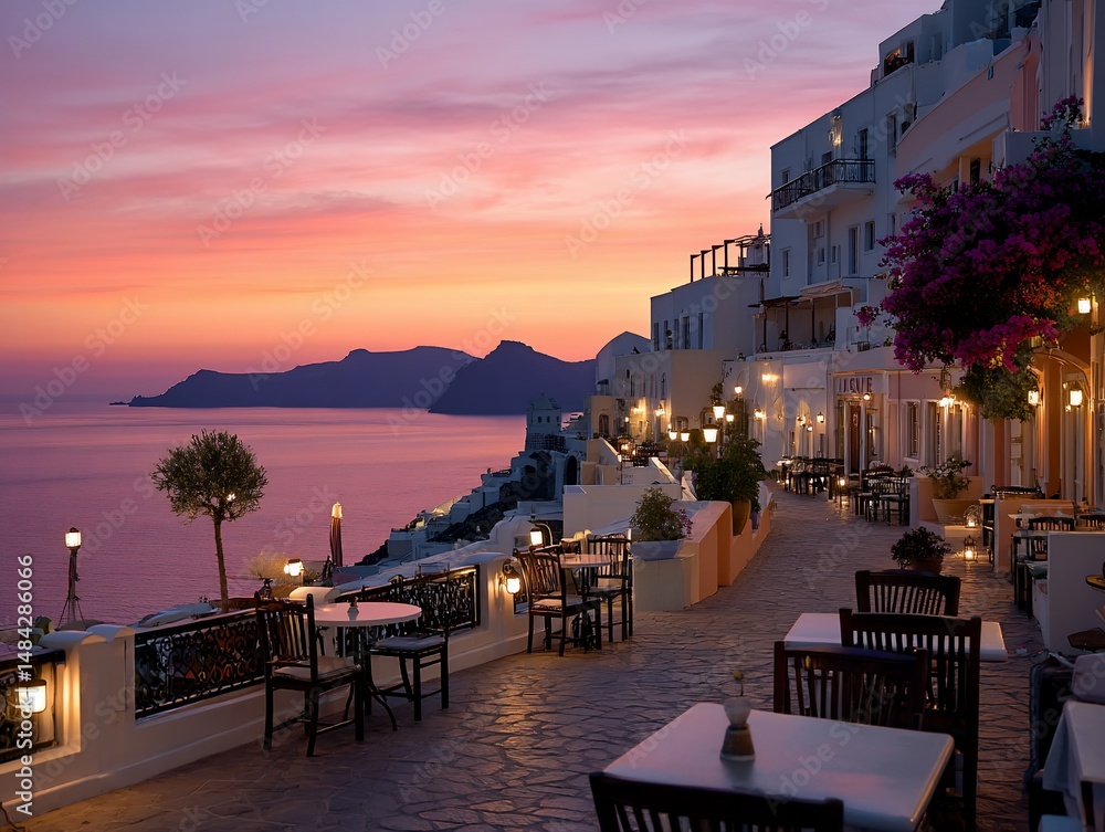 Fototapeta premium Santorini sunset dining under the sky