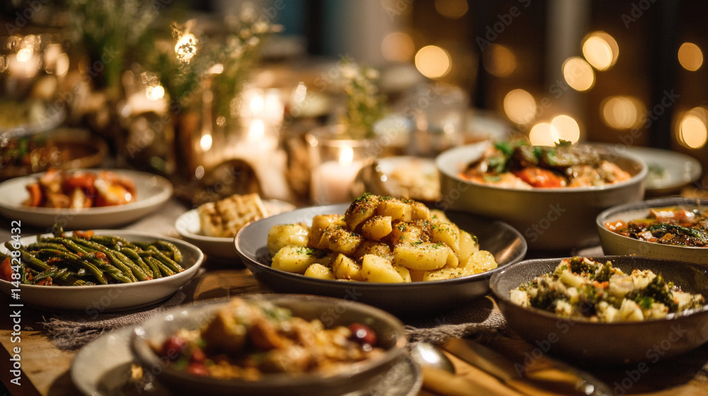 Fototapeta premium Delicious dinner party food photography with vegetable dishes and candle light background image stock photo 