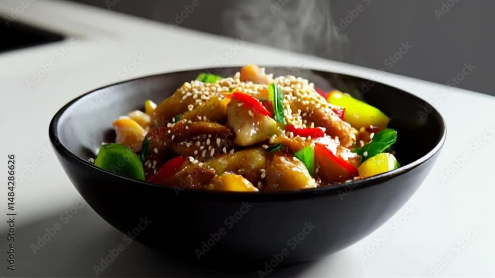 Glazed Meat Dish with Bell Peppers in Black Bowl Topped with Sesame Seeds Emitting Steam Glazed Meat Dish with Bell Peppers in Black Bowl Topped with Sesame Seeds Emitting Steam