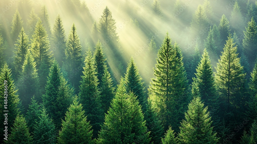 Fototapeta premium Sunlight through a dense forest canopy