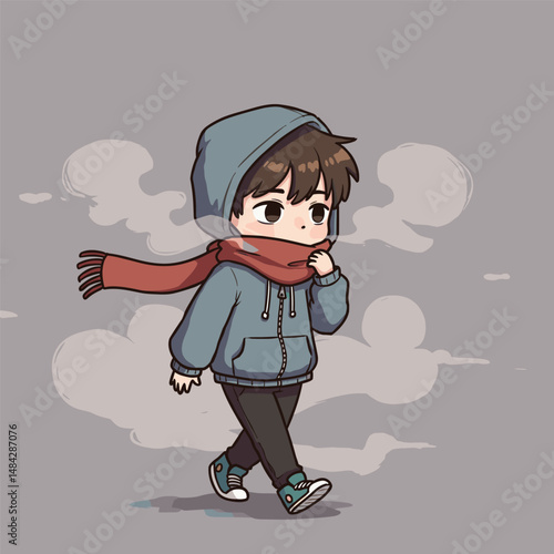 A cartoon child walks through pollution smoke, wearing a hoodie and a red scarf.