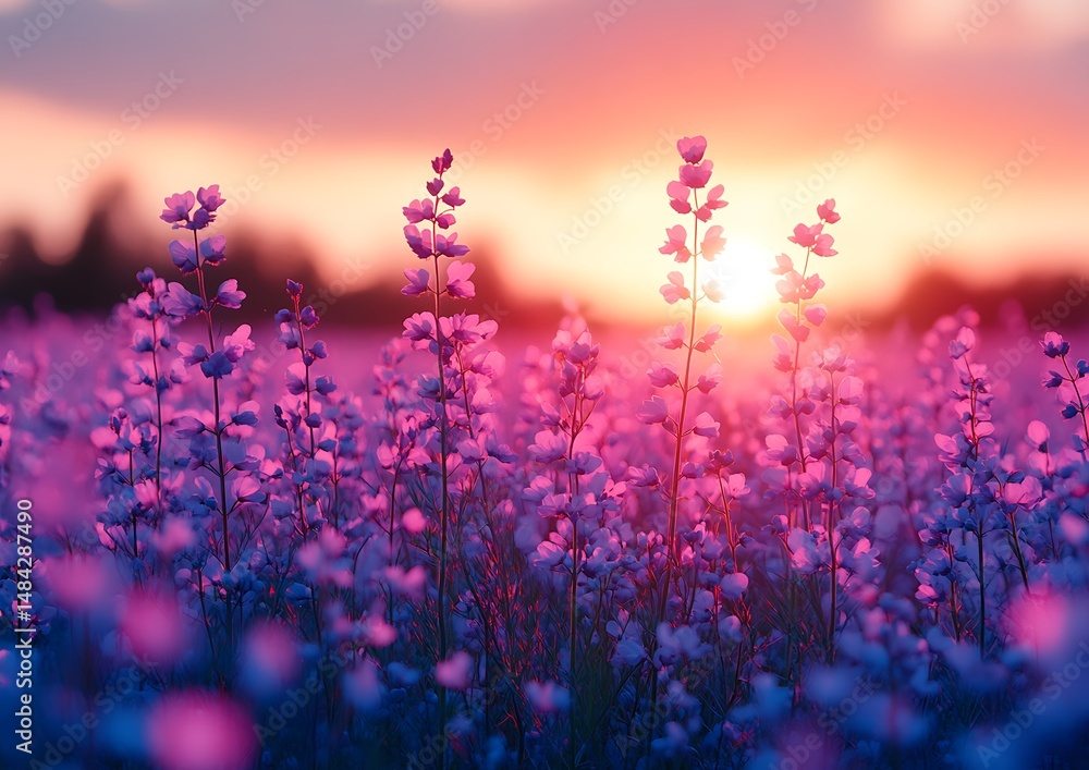 Naklejka premium Beautiful field of flowers at sunset