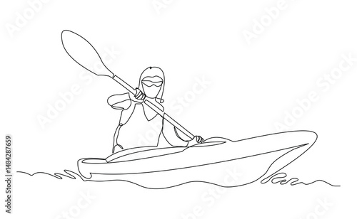 Continuous line drawing art of woman rowing canoe. Vector illustration single one sketch editable stroke of sport woman paddle kayak