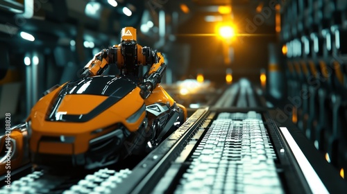 Wallpaper Mural Futuristic robot driving orange vehicle in a sleek tunnel Torontodigital.ca