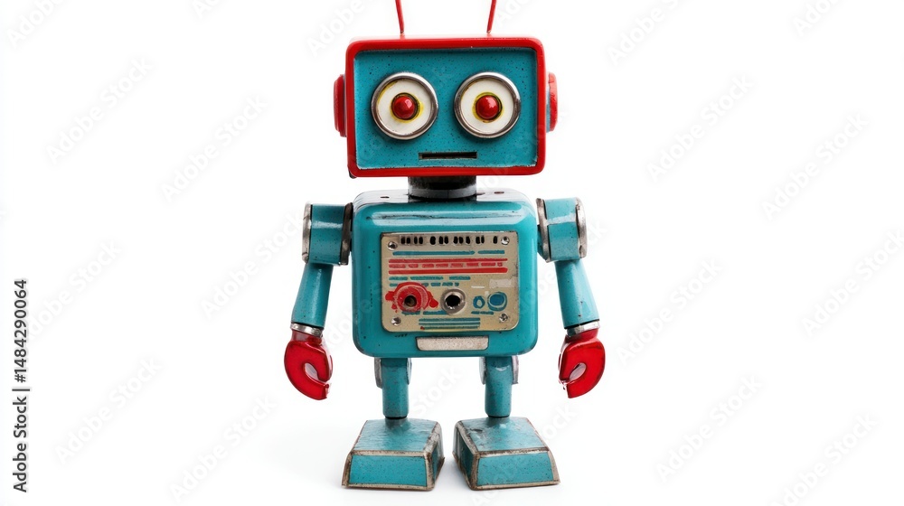 A blue and red robot with a red antenna and red gloves, standing on a white background with a white wall in the background. A blue and red robot with a red antenna and red gloves, standing on a white background with a white wall in the background.