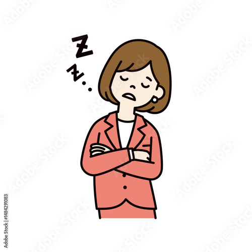 ウトウトと居眠りをする、若い女性会社員のベクターイラスト素材＿線幅の編集可能＿カラー
