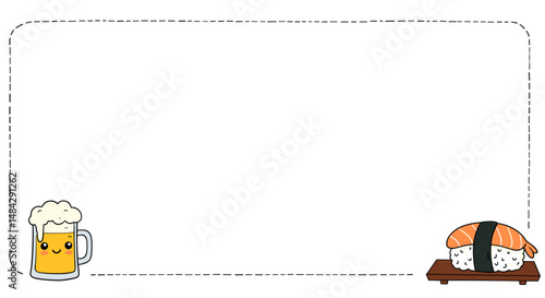 Cute cartoon beer and sushi with copy space for text