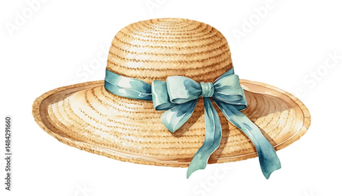 Straw Hat with Blue Ribbon Illustration on Transparent Background