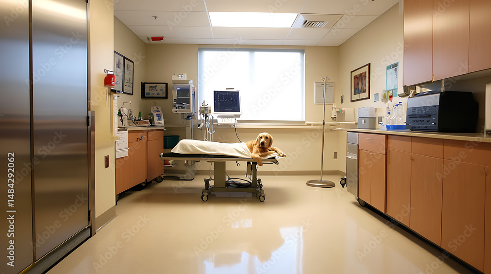 A dog is laying on a table in a hospital room A dog is laying on a table in a hospital room