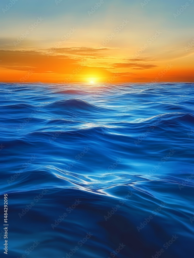 Obraz premium Illustration of the ocean at sunset, with beautiful blue water featuring gentle ripples and a warm, orange sky, in the style of digital art., high quality, multi-detail, HD, 8K,