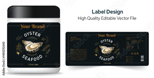 Seafood packaging template design, Oyster food label design, product label design editable vector print ready template download