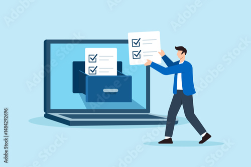 Flat illustration of remote employee inserting checklist files into digital cabinet drawer for task archive and project management