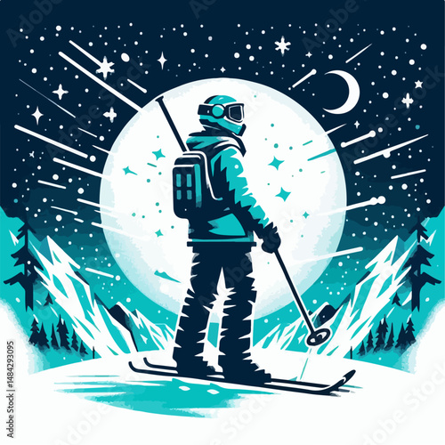 vector illustration of people playing sky in the snow
