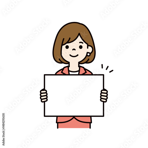 メッセージボードを持つ、若い女性会社員のベクターイラスト素材＿線幅の編集可能＿カラー