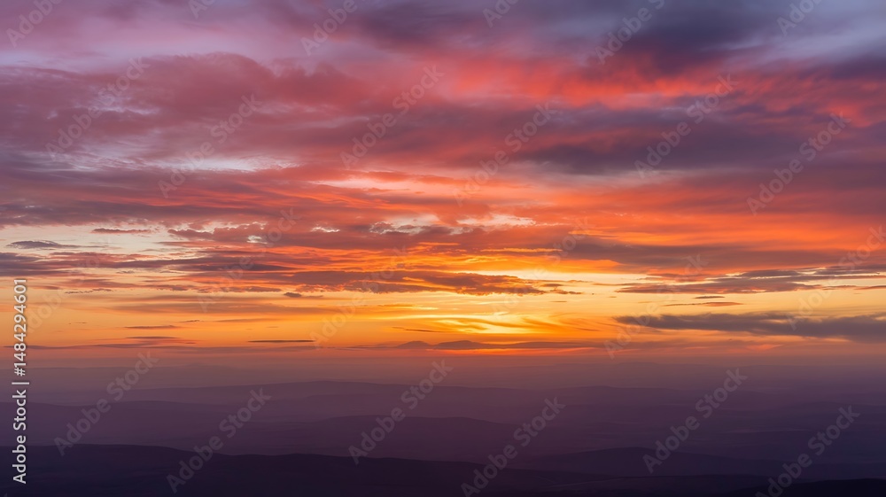 Fototapeta premium Vibrant sunset over distant mountains with a colorful and dynamic sky