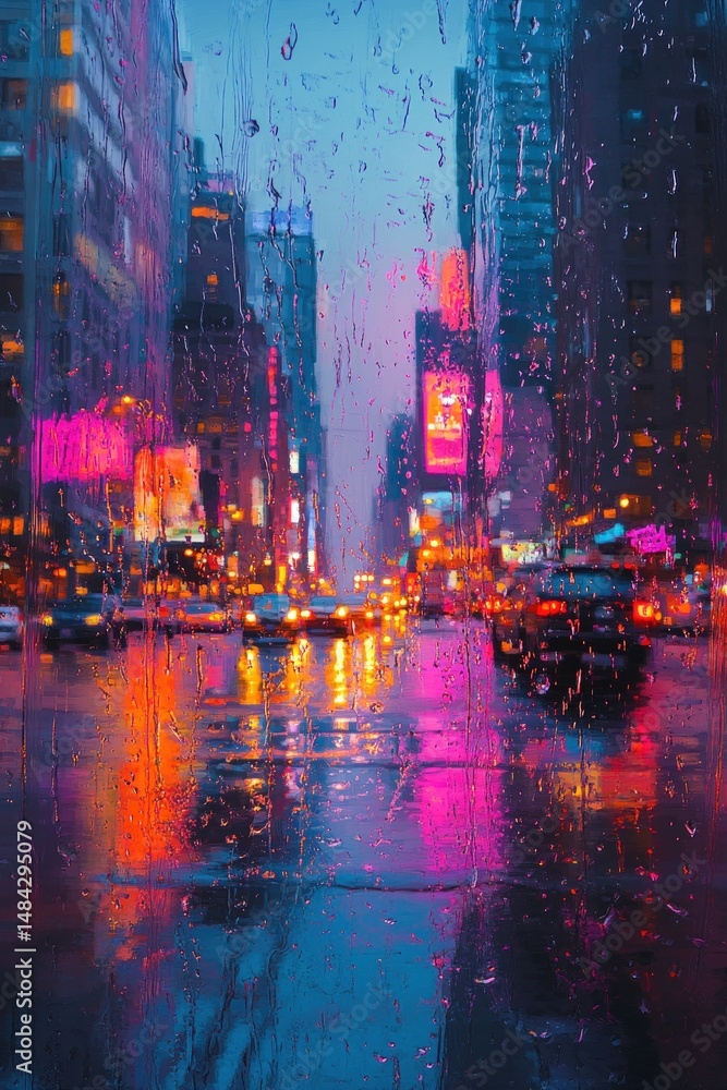 Obraz premium Vibrant Cityscape in Rainy Night with Reflections, Colorful Lights and Traffic in Urban Environment