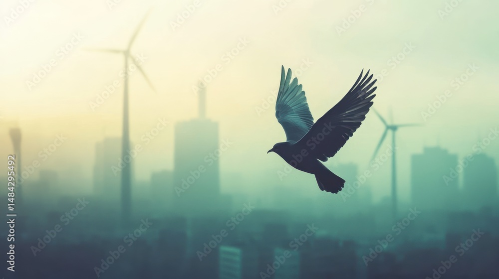 Obraz premium Bird soars over modern city skyline with wind turbines in soft focus