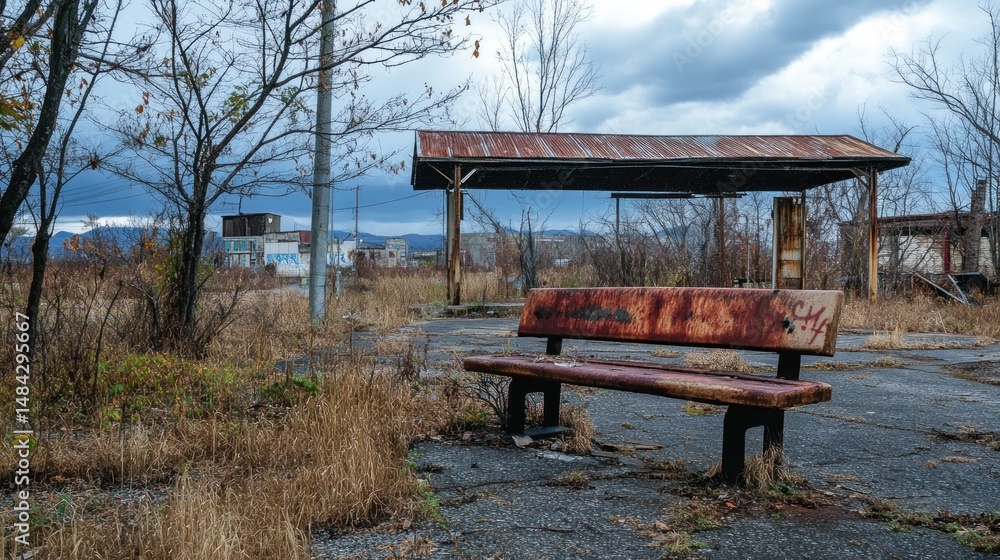 Obraz premium Abandoned rusty bench under weathered shelter