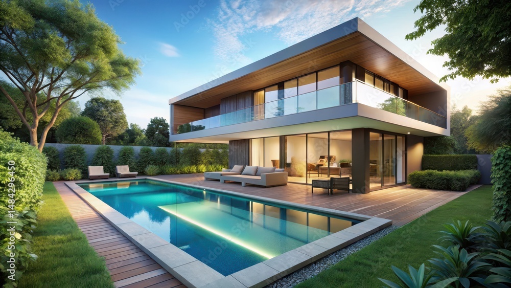 Modern villa with a large pool and lush greenery Modern villa with a large pool and lush greenery