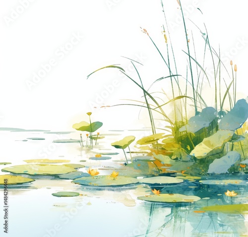 Watercolor painting of lily pads and lotus flowers in a lake, with green plants and long stems emerging from the water, against a white background. The artwork features brush strokes,