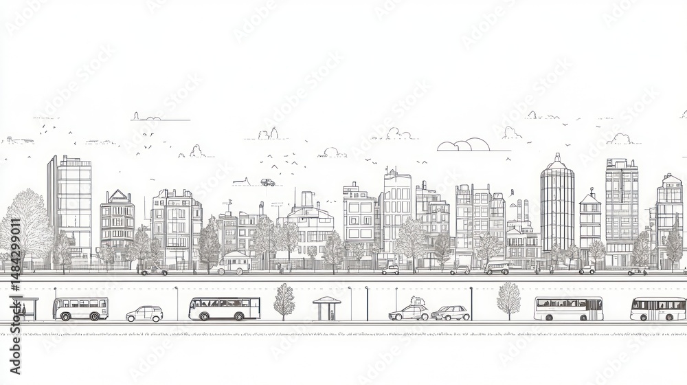 Fototapeta premium Urban skyline sketch, buildings, trees, vehicles