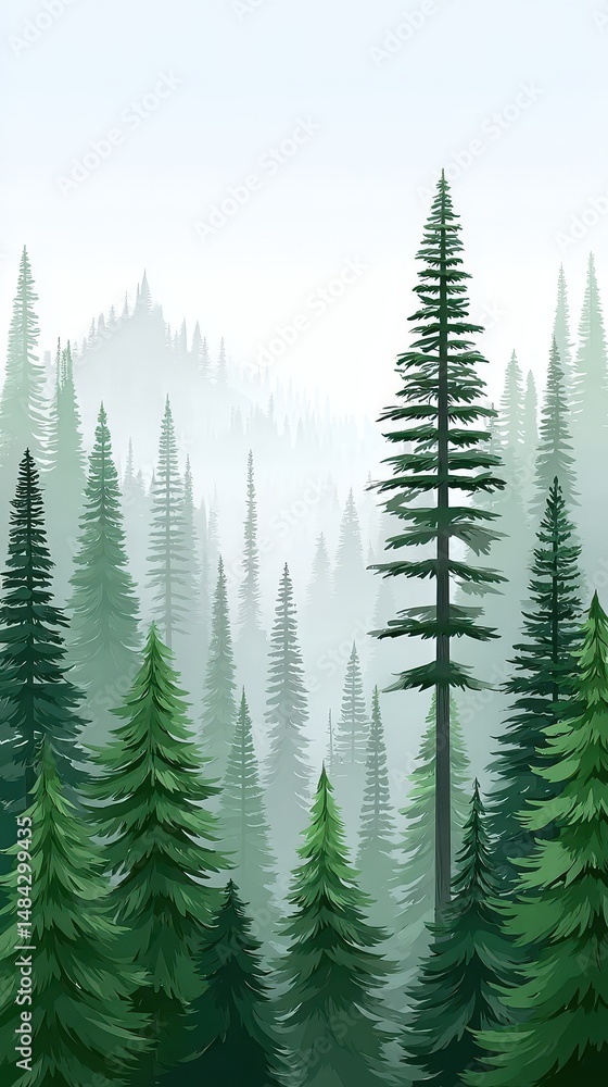 Fototapeta premium A serene illustration of a misty pine forest with tall evergreen trees and distant hills in the background.