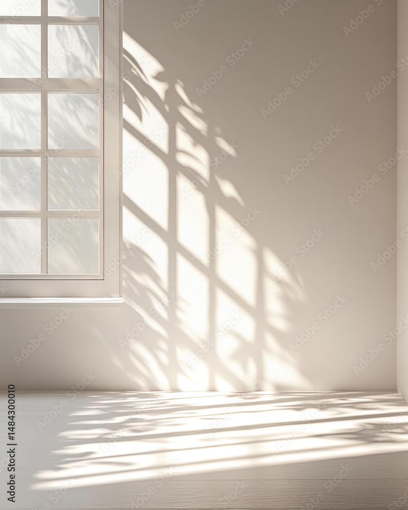 Obraz premium A window with a tree outside casts a shadow on the wall. The room is empty and the light is coming in through the window