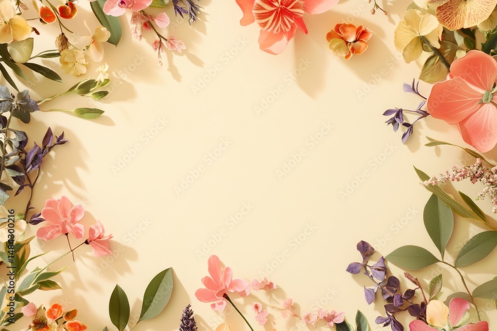 A pastel floral arrangement frame against a cream background. A pastel floral arrangement frame against a cream background.