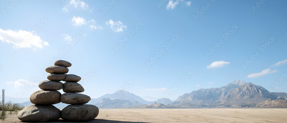 Obraz premium Stacked Stones In Desert Landscape Under Sunny Sky
