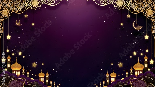 Luxurious Islamic purple background with golden mosque illustration, lanterns, and starry frame for Eid.