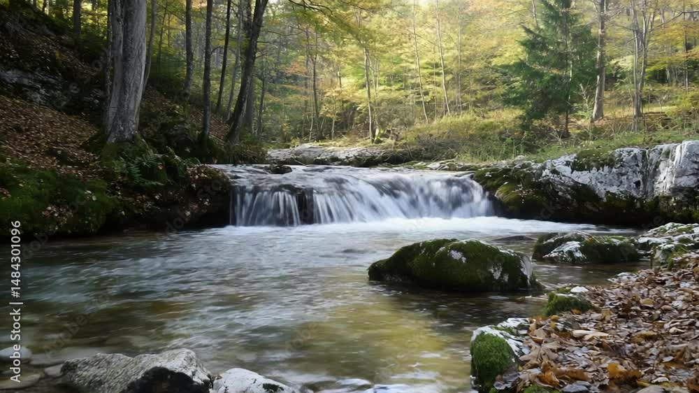 Serene river flowing through a vibrant forest in autumn, with colorful leaves and gentle cascades in the background Serene river flowing through a vibrant forest in autumn, with colorful leaves and gentle cascades in the background