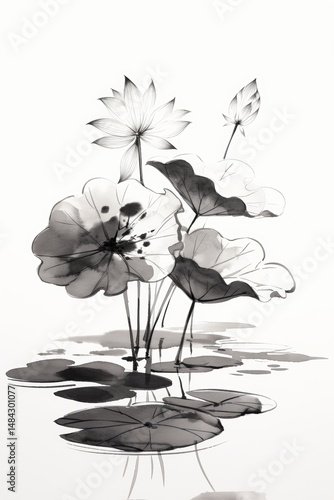 Chinese ink painting, lotus flowers and leaves in the water, Chinese brush strokes, simple, white background, black ink on paper, ink illustration, wet ink washes, inked lines, ink blots, wet