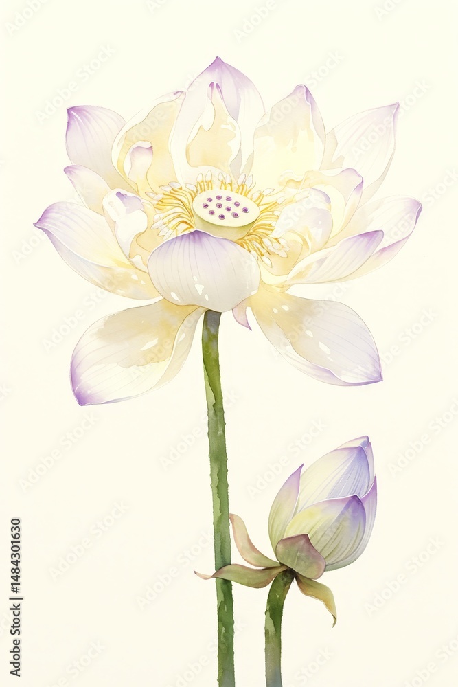 Fototapeta premium Watercolor painting of a white lotus flower and bud with purple dots on the petals, simple and detailed, against a white background. The colors are natural, and the lighting is natural.