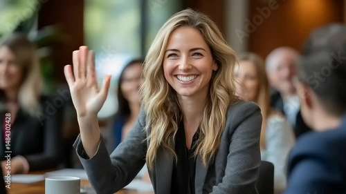 Wallpaper Mural Smiling woman raising hand in meeting Torontodigital.ca