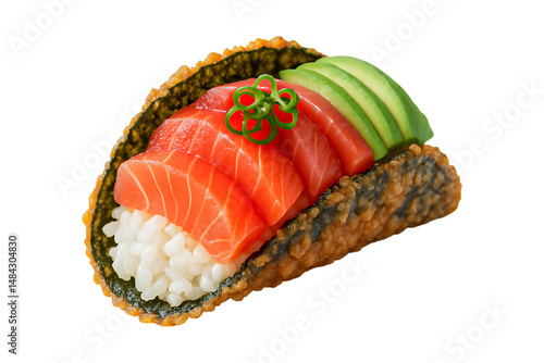 Gourmet sushi taco with fresh salmon, avocado, and rice, delightful fusion dish