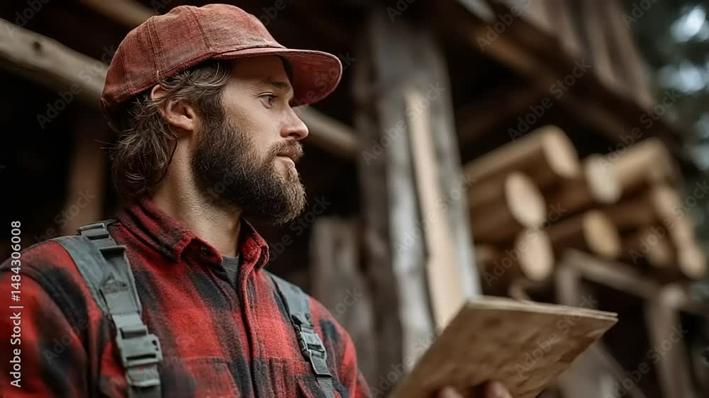 Woodworker examines a piece of lumber Woodworker examines a piece of lumber