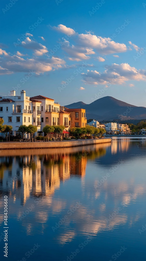 Fototapeta premium Waterside villas reflecting mountain backdrop sunny vista