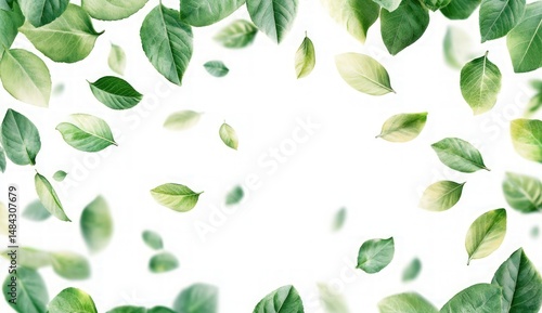 Green Leaves Falling Gently on a Bright White Background for Creative Design and Nature Inspiration