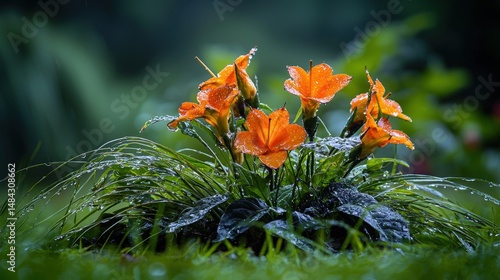 Fototapeta Naklejka Na Ścianę i Meble -  Refreshing rain-kissed orange flowers lush garden nature photography vibrant environment close-up view serenity concept