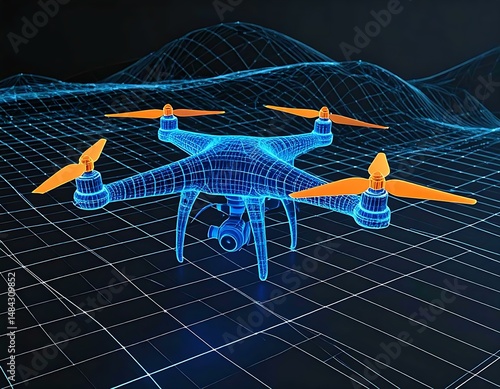 Digital Drone Wireframe Model, Futuristic Aerial Technology