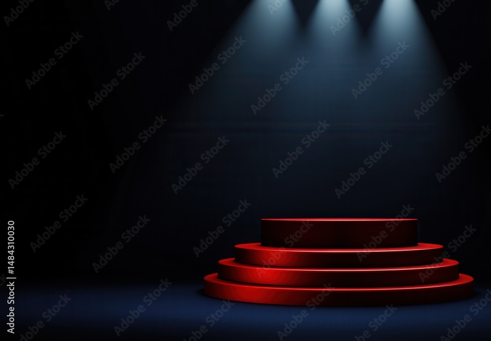 Obraz premium Three Tiered Red Podium Illuminated by Spotlights on Dark Blue Background